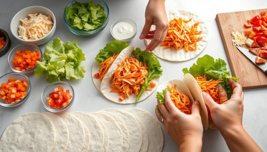 Assembling chicken wrap sandwiches