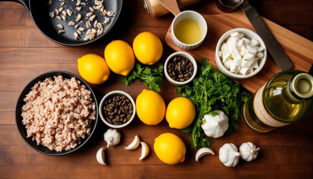 Ground Veal Piccata Ingredients and Equipment