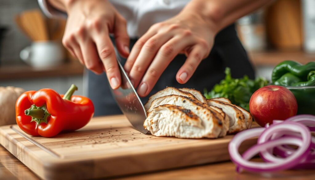 Slicing chicken for cheesesteak