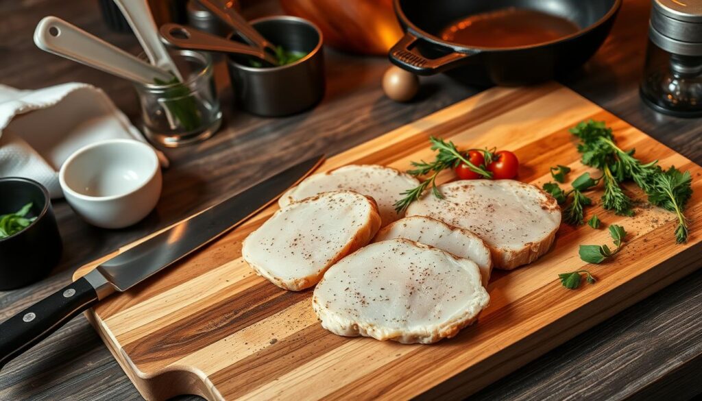 Veal cutlets and kitchen tools