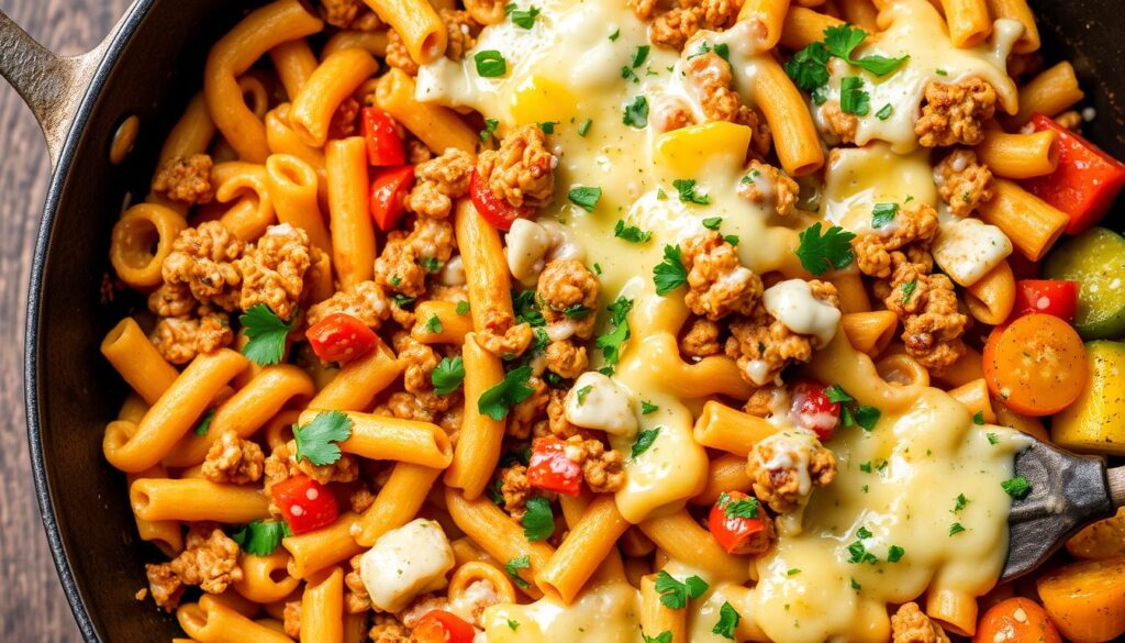 one-skillet cheesy ground chicken pasta recipe