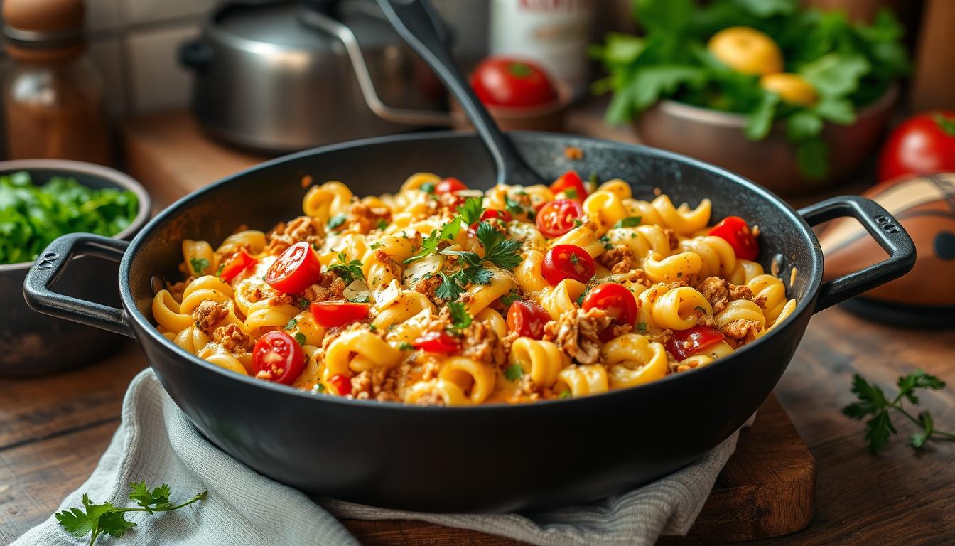 one-skillet cheesy ground chicken pasta recipe